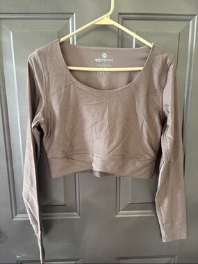 90 Degree By Reflex Ribbed Long Sleeve Scoop-Neck Crop Top - Taupe (shiny)